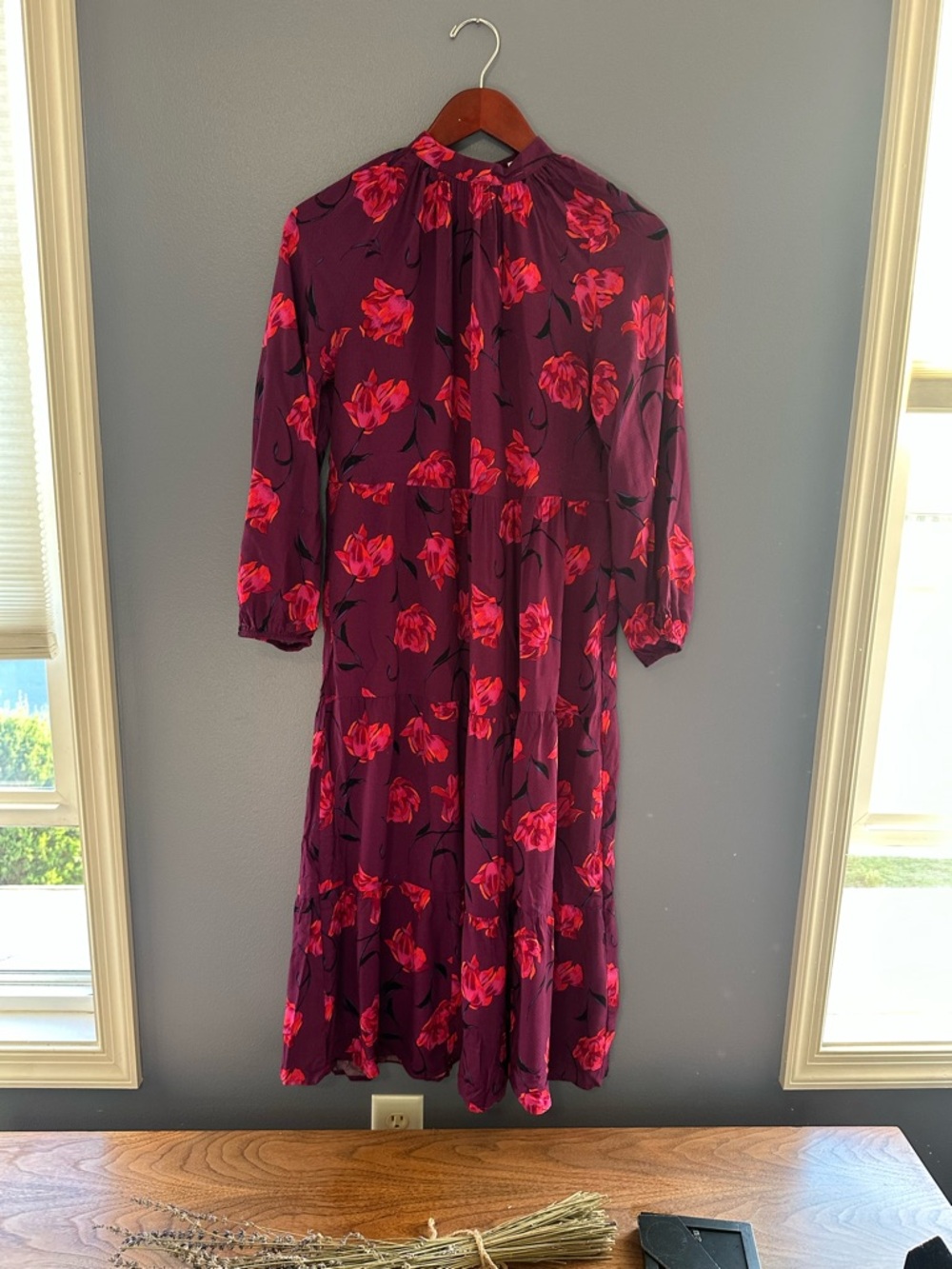 Flowy Plum Floral Long-Sleeve Midi Dress with Pink Rose Print